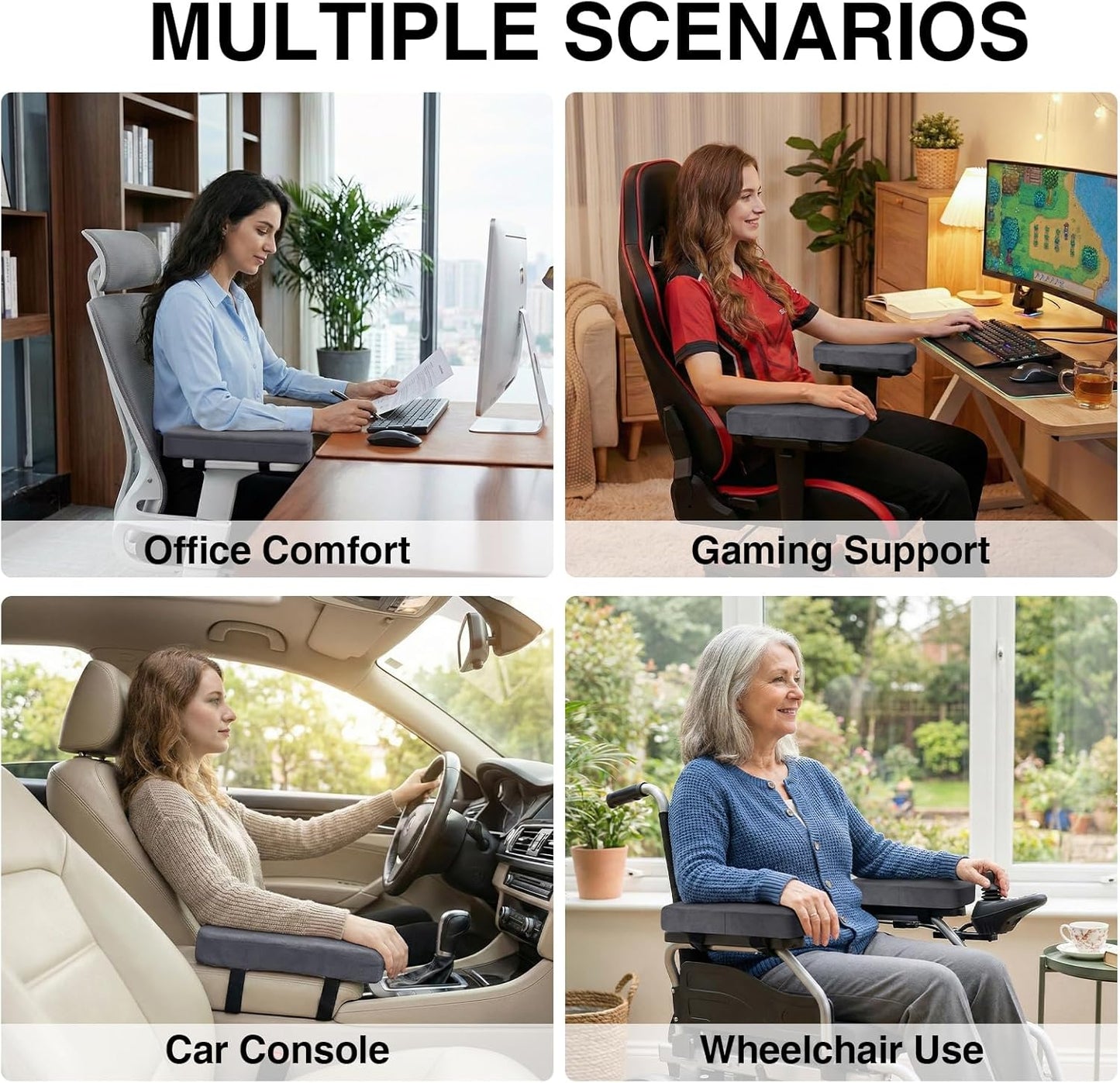 Smiry Ergonomic Office Chair Armrest Pads, Memory Foam Arm Rest Covers, Non-Slip Armrest Cushion with Adjustable Buckles and Straps, Elbow Relief for Desk, Gaming & Wheelchair (Black, Set of 2)