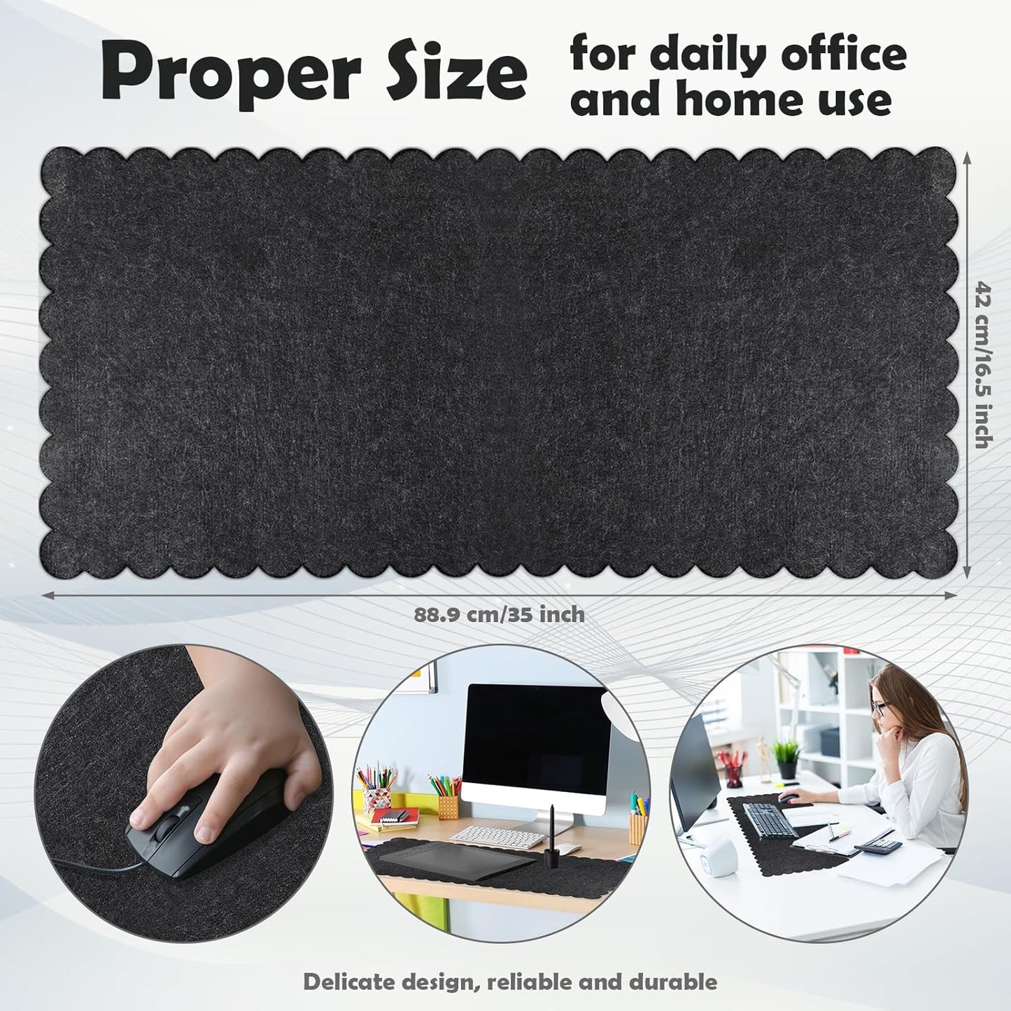 Copkim 35 x 16.5 Inch Felt Desk Mat with Scalloped Edges, Large Felt Mouse Pad Non Slip Scalloped Computer Laptop Desktop Pad for Keyboard and Mouse Home Office(Gray)