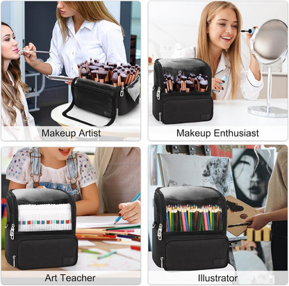 Makeup Brush Bag, Makeup Brush Holder Travel Stand-up Makeup Cup Large Makeup Brush Organizer Case Professional Cosmetic Bag Artist Storage Bag with Adjustable Divider (Large, Black)