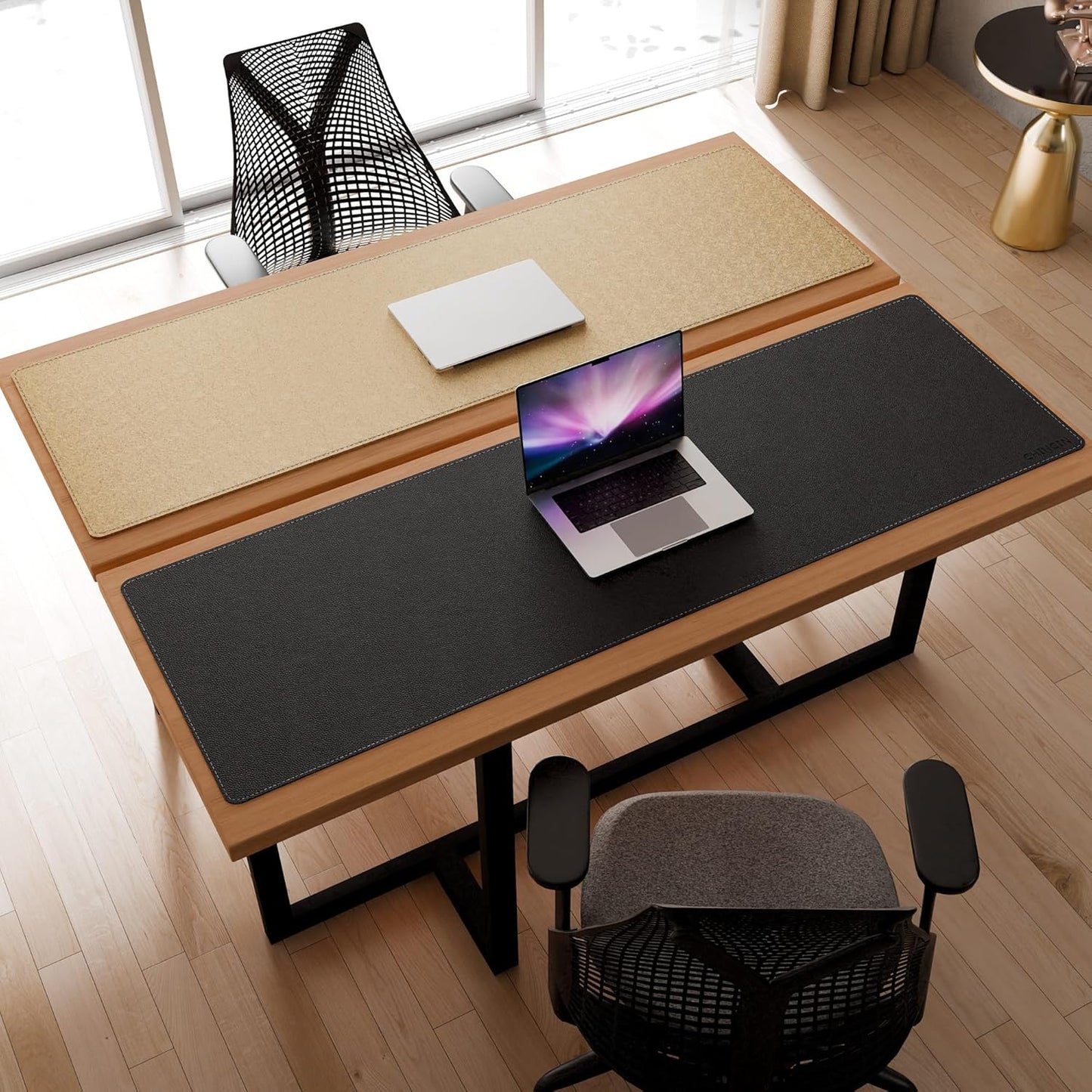 Chihein 2XL 35" x 16" Cork & PU Leather Desk Mat, Dual Sided Desk Pad Protector, Waterproof Writing Blotter for Gaming, Office, Home (Black)