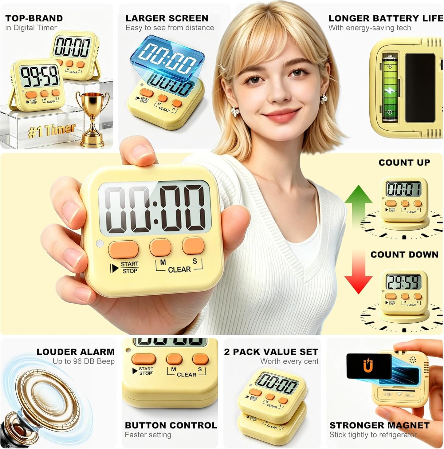 Antonki 2 Pack Digital Timer for Kids, Magnetic Countdown Kitchen Timers for Cooking, Egg, Classroom, Teacher, Exercise, Study, Oven - Battery Included