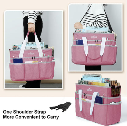 JJRING Craft Organizer Tote Bag for Art Storage, Caddy with Multiple Pockets, Bluish Green Sewing Bag for Scrapbooking, School, Medical, and Office Supplies