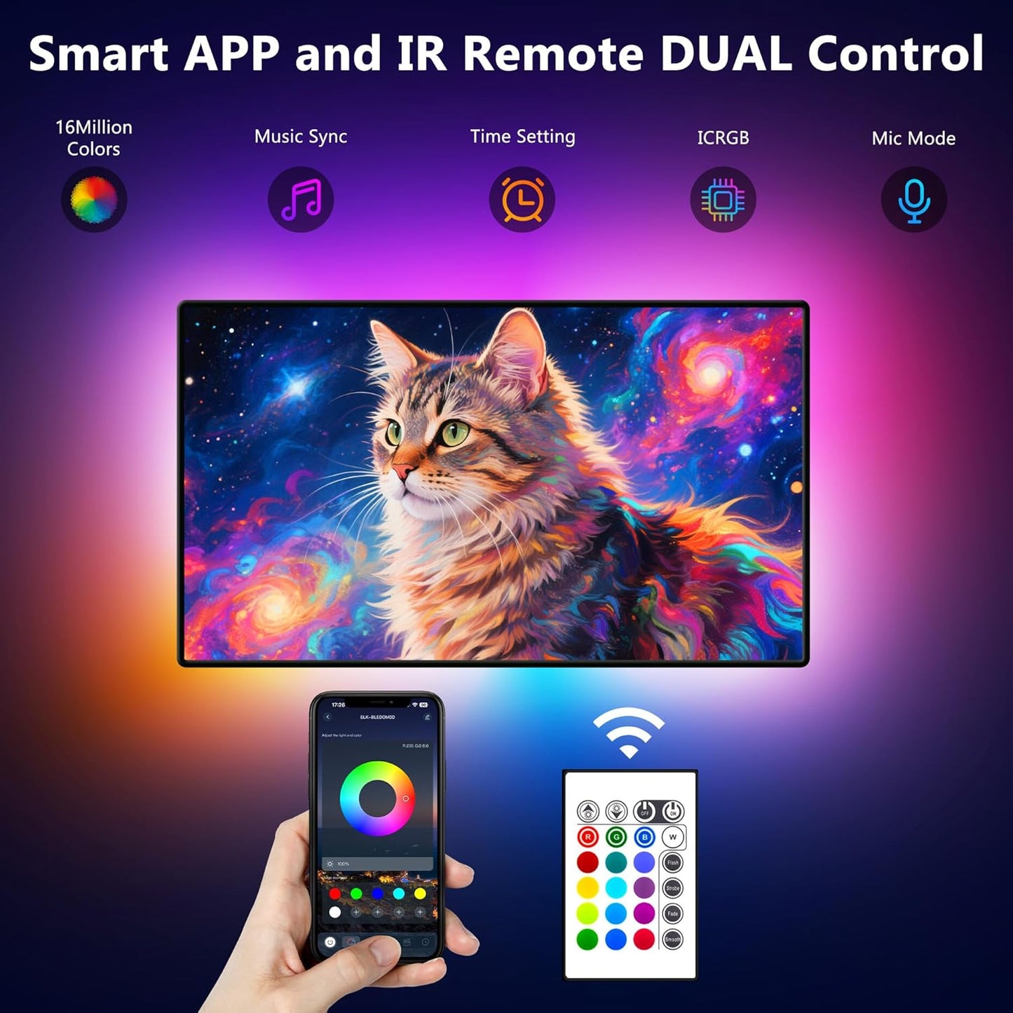 PANGTON VILLA TV LED Backlight for 40-60 Inch TV, 8.2ft LED Lights for TV with Bluetooth APP & Remote Control, 16 Color Led Strip Lights Changing TV Lights Behind with Music Sync for Bedroom