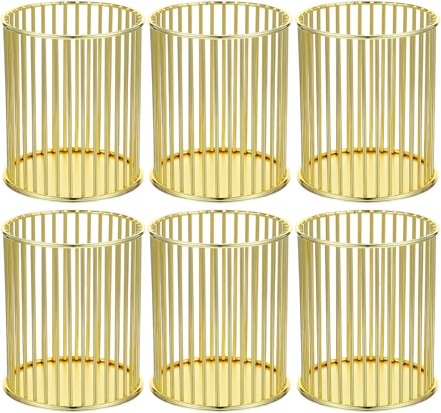 Lemecima 6 Pack Pencil Cups, Round Wire Metal Pen Cups Makeup Brush Holder, Cylindrical Desktop Organizer Office School Home Supplier, Golden, 3.94" H × 3.15" D