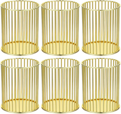 Lemecima 6 Pack Pencil Cups, Round Wire Metal Pen Cups Makeup Brush Holder, Cylindrical Desktop Organizer Office School Home Supplier, Golden, 3.94" H × 3.15" D