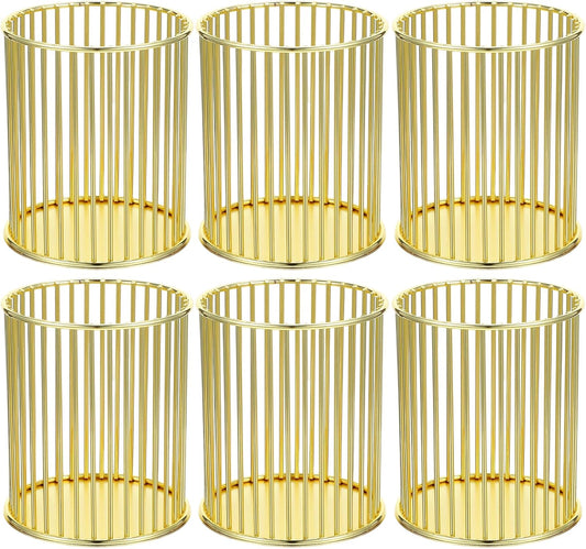 Lemecima 6 Pack Pencil Cups, Round Wire Metal Pen Cups Makeup Brush Holder, Cylindrical Desktop Organizer Office School Home Supplier, Golden, 3.94" H × 3.15" D