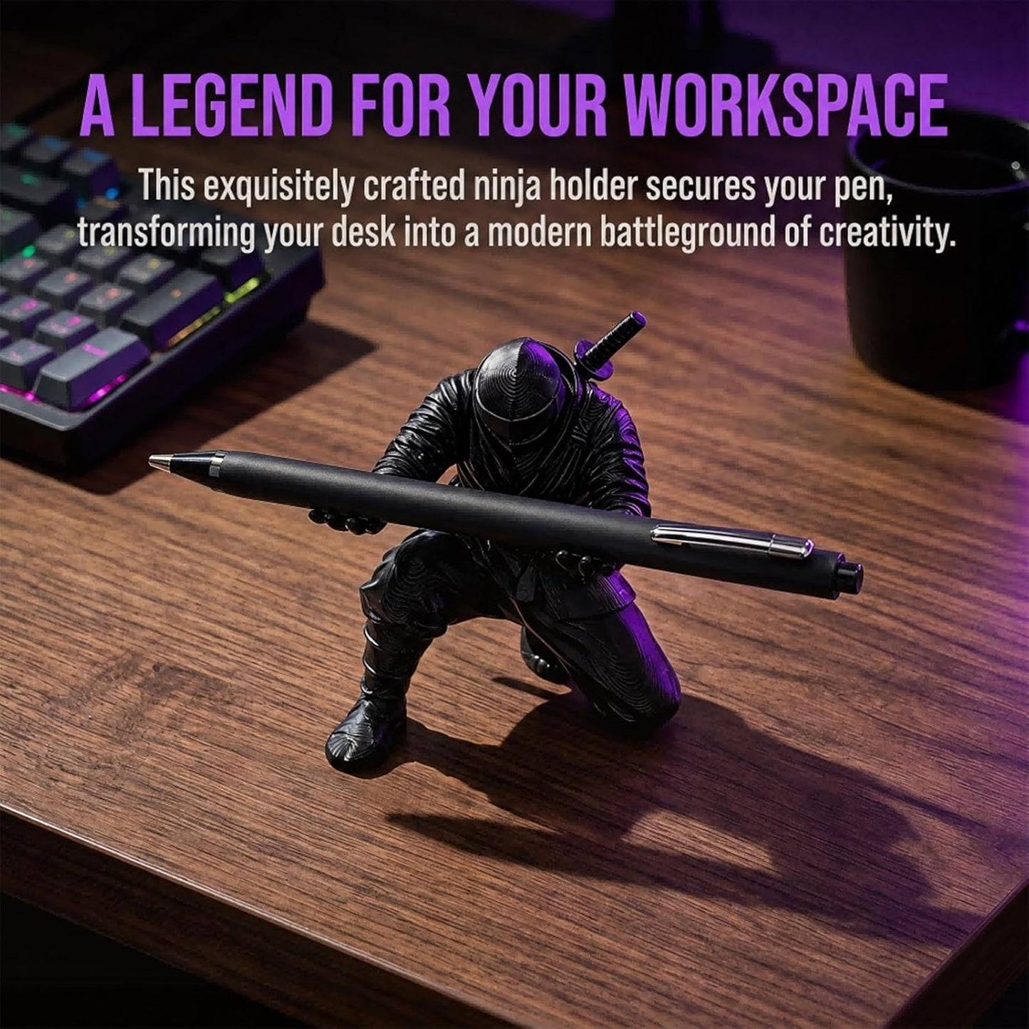 Ninja Pen Holder for Desk - Cool Samurai Figurine Pencil Stand & Office Decor, Gifts for Men