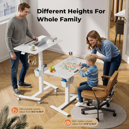 35" Small Glass Mobile Standing Desk, Portable Laptop Cart with Storage & 90° Tilt, Height Adjustable, Rolling Whiteboard on Wheels for Office Home School, White