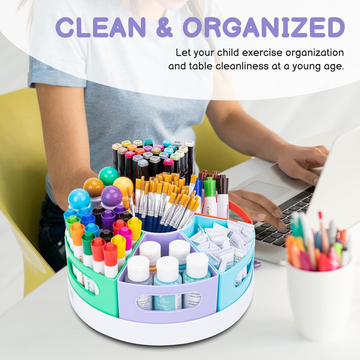 CraftGenes Art Supplies Organizer, Extra Large 360° Rotating Desk Organizer with 7 Removable Compartments, Marker Organizer for Home, Office, and Classroom, Crayon Holder