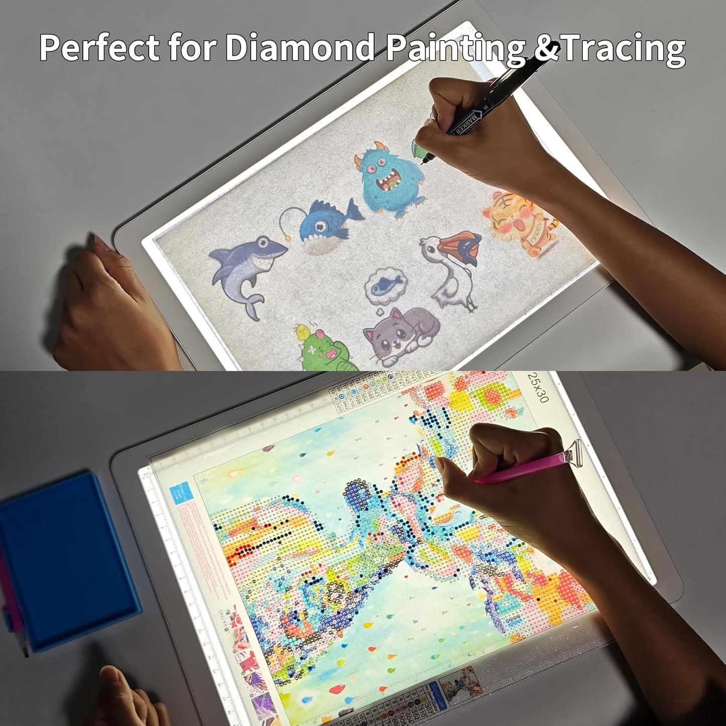 Phylosal Rechargeable A3 LED Light Pad for Diamond Painting, Ultra-Thin Magnetic Tracing Light Box for Drawing, Diamond Art Light Board with Side Button, Super Bright Light Table for Sketching (White)