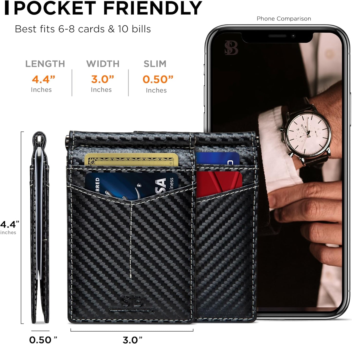 SERMAN BRANDS RFID Blocking Wallet Slim Bifold - Genuine Leather Minimalist Front Pocket Wallets for Men with Money Clip Gift
