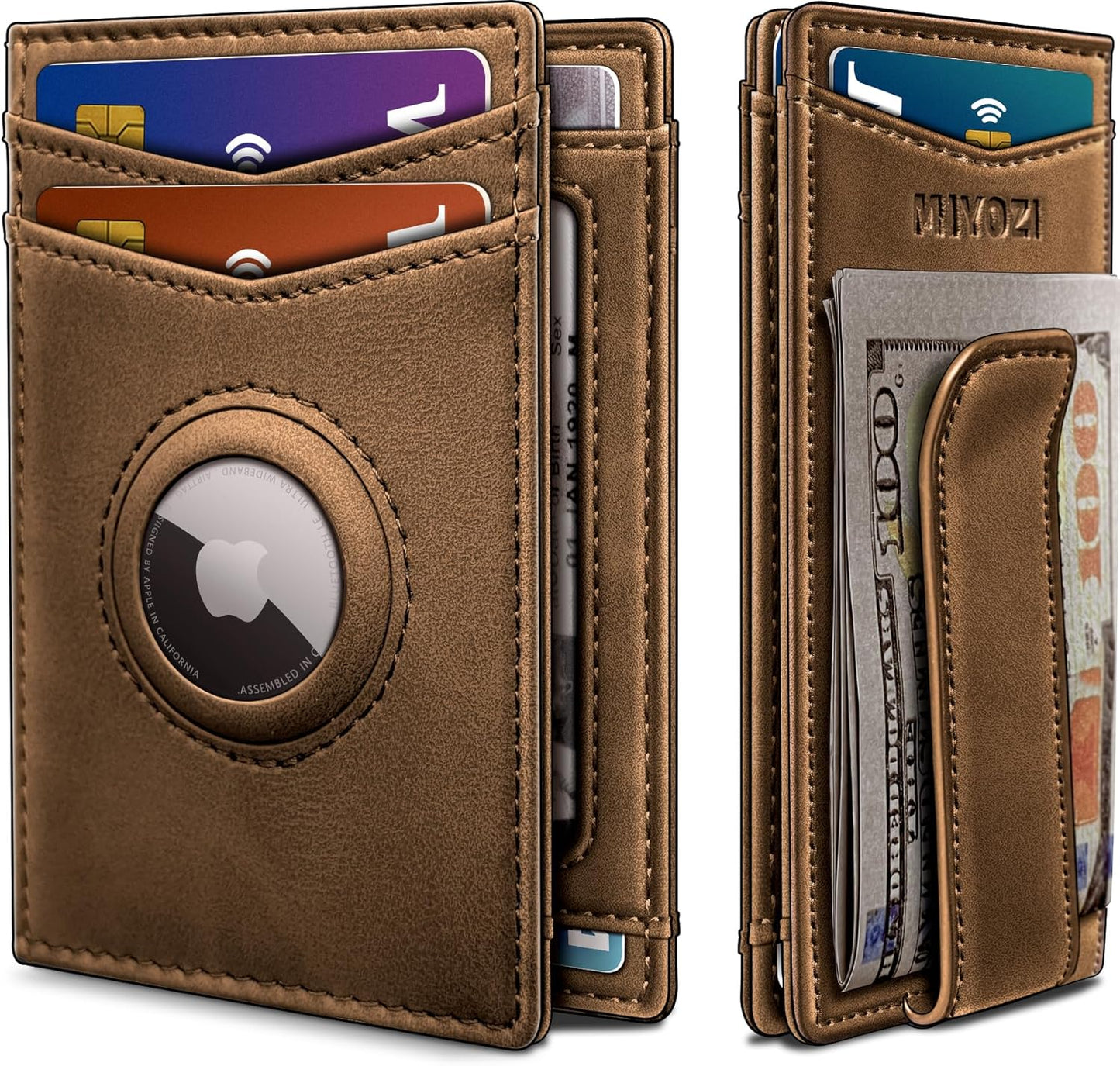 miyozi Airtag Wallet for Men- with Money Clip Gift Boxed, Magnetic Closure Slim Genuine Leather Front Pocket Wallet, 4.1"x 2.8", RFID Blocking