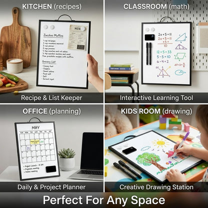 Black Magnetic Dry Erase Whiteboard 12 x 16 Double Sided, Portable Planner Board with Weekly Monthly Sheets, Write and Wipe to Do List Board, Includes 3 Markers Eraser 2 Magnets
