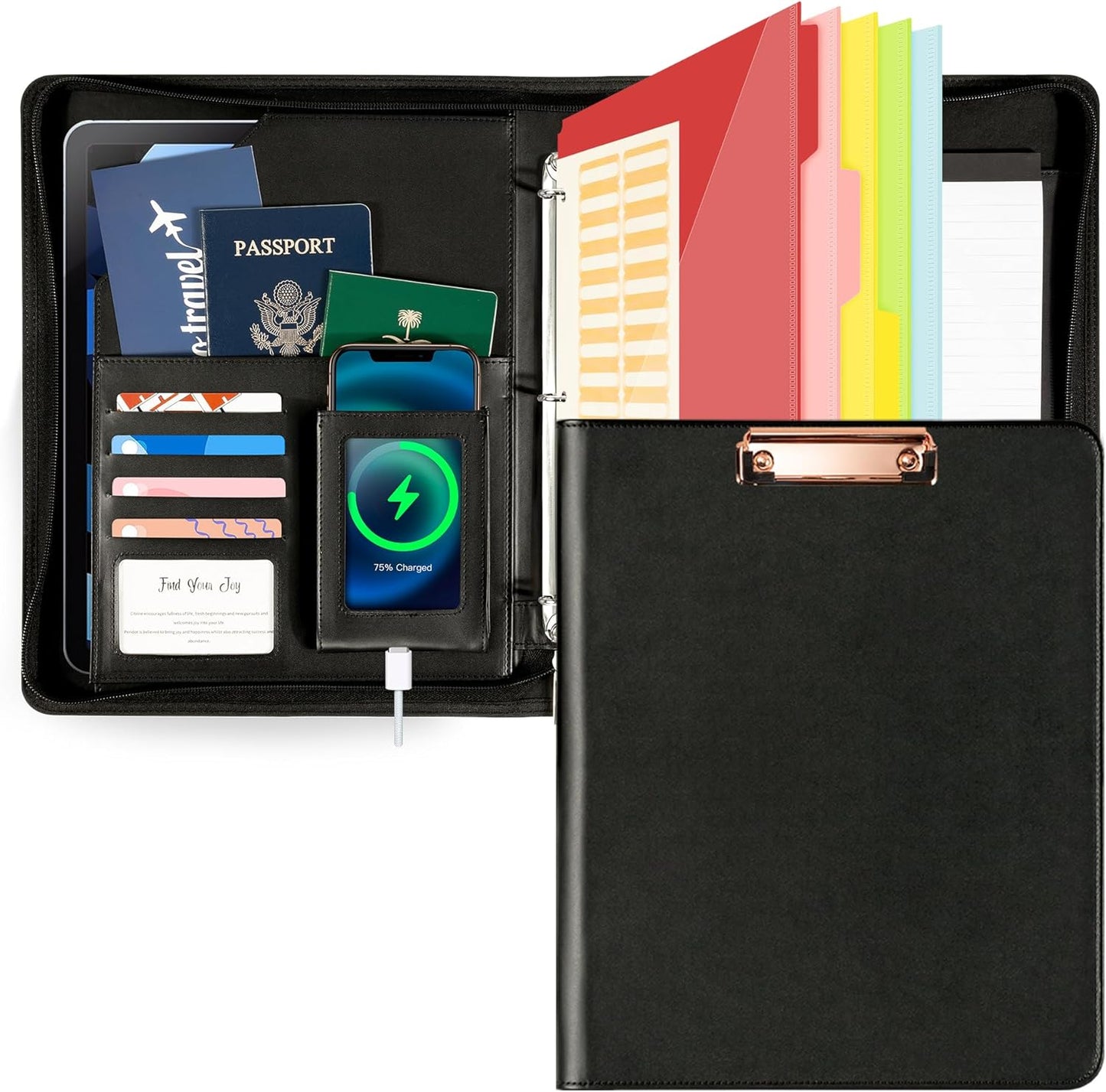 Ospelelf Zippered Padfolio Organizer, Faux Leather 3 Ring Binder with Clipboard, Letter Size Business Portfolio with Notepad, Tablet Sleeve & Phone Pockets for Office Work Brown