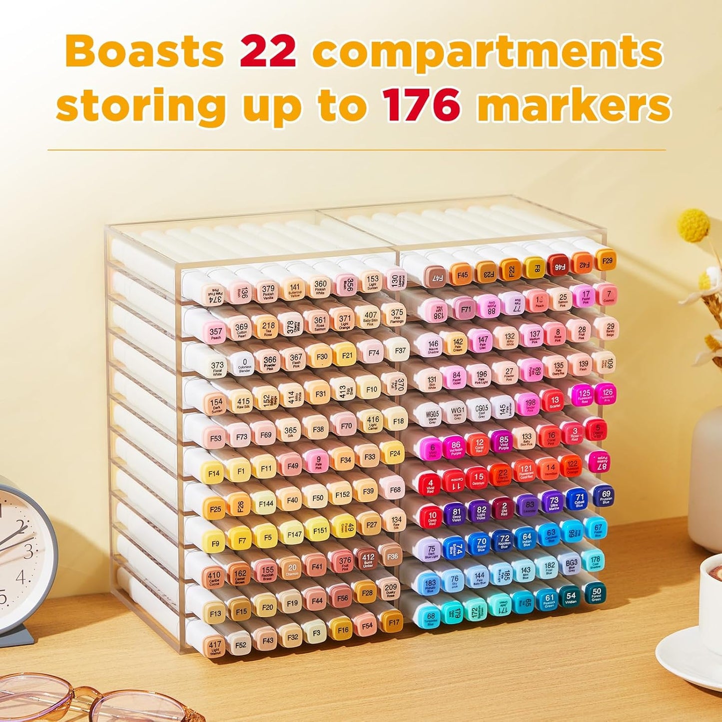 MotiMind Acrylic Marker Organizer for 189 Marker, Large Art Pencil Holder Storage Rack for Desk, Pens Art Brushes Display Stand with 27 Compartments for Desktop, Office (clear, 189 Capacity)