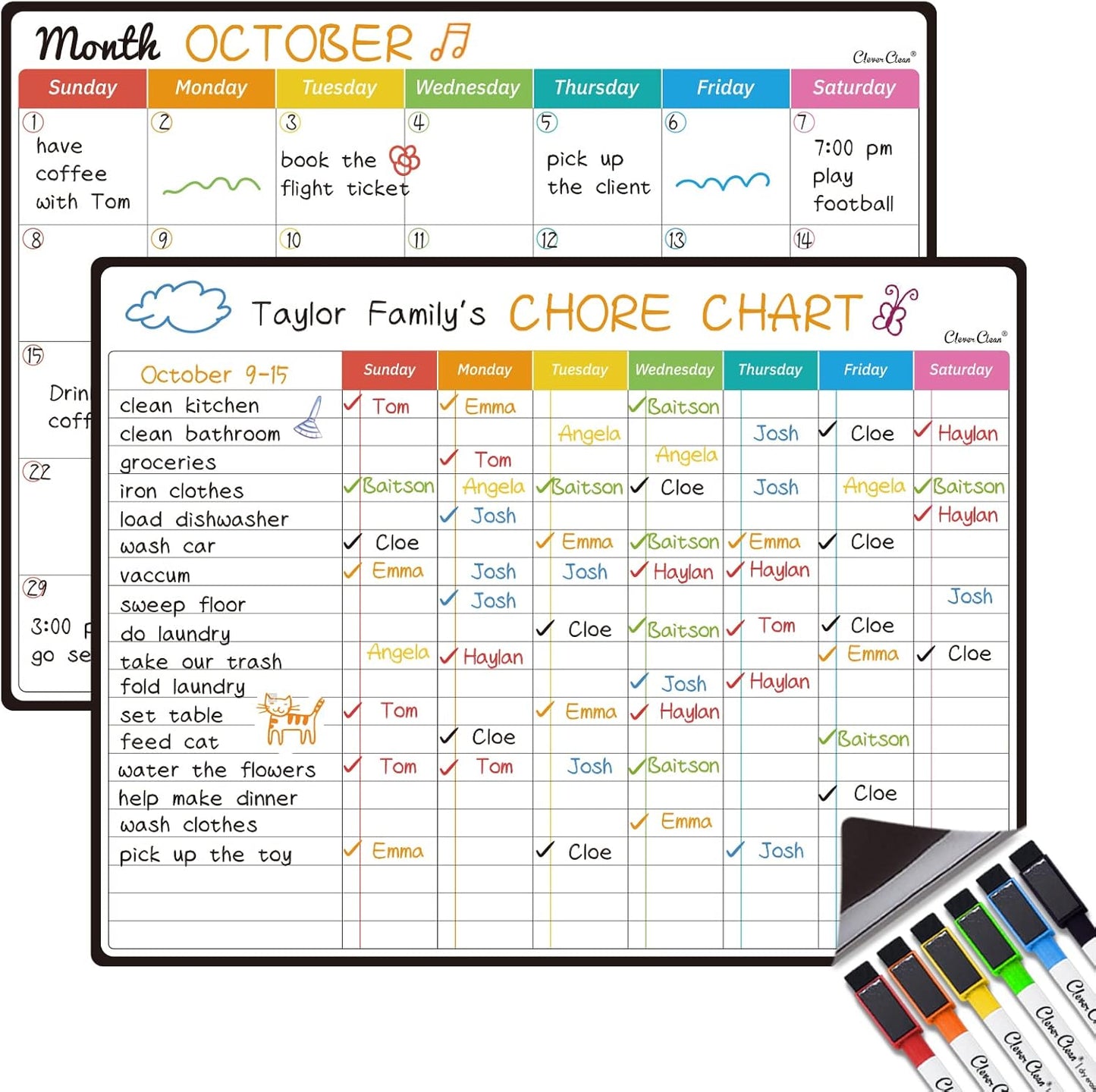 Magnetic Dry Erase Chore Chart - 14.5"x11" Chore Chart for Kids, Teens and Adults - 6.5"x8.5" List Board for Fridge - 6 Extra Fine Point Markers Included - Shipped Flat