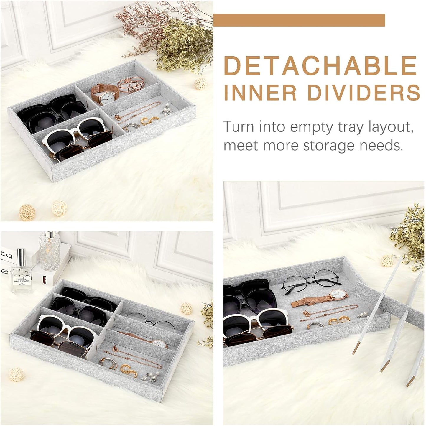 Emibele Glasses Organizer Jewelry Tray, 8 Grids with Clear Lid Velvet Tray Watch Storage Stackable Jewelry Showcase Display Storage with Detachable Inner Dividers, Beige