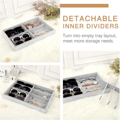 Emibele Glasses Organizer Jewelry Tray, 8 Grids with Clear Lid Velvet Tray Watch Storage Stackable Jewelry Showcase Display Storage with Detachable Inner Dividers, Beige