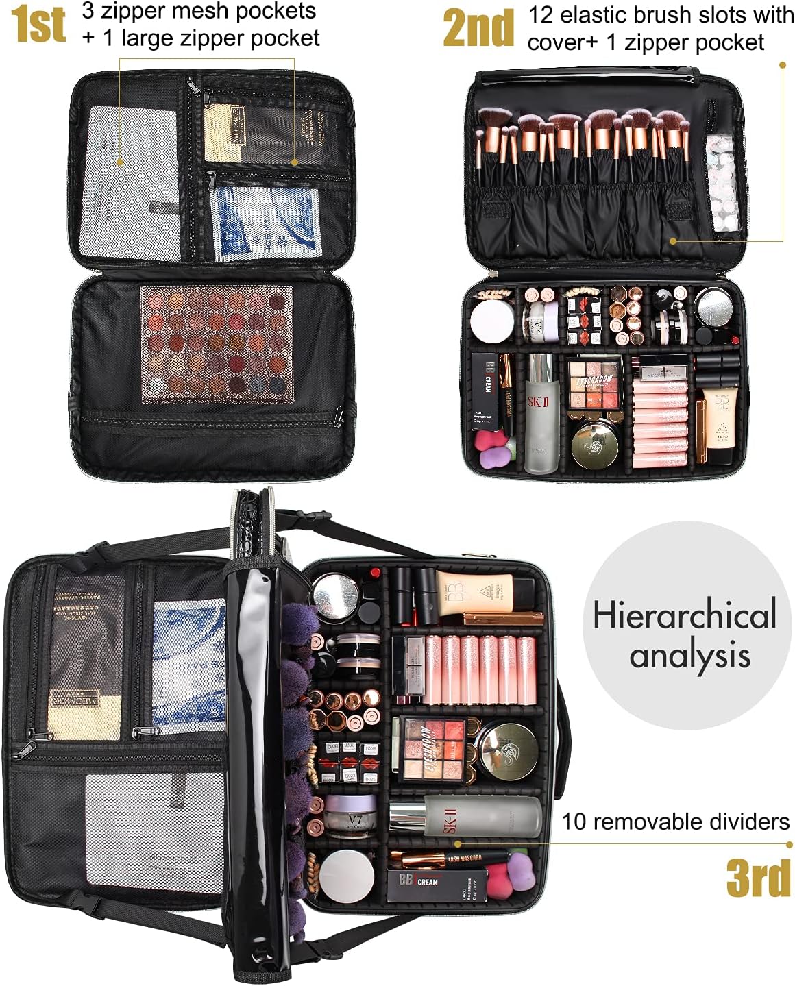 Relavel Makeup Case Large Makeup Bag Professional Train Case 16.5 inches Travel Cosmetic Organizer Brush Holder Waterproof Makeup Artist Storage Box, 3 Layer Large Capacity, with Adjustable Strap