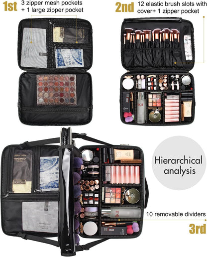 Relavel Makeup Case Large Makeup Bag Professional Train Case 16.5 inches Travel Cosmetic Organizer Brush Holder Waterproof Makeup Artist Storage Box, 3 Layer Large Capacity, with Adjustable Strap