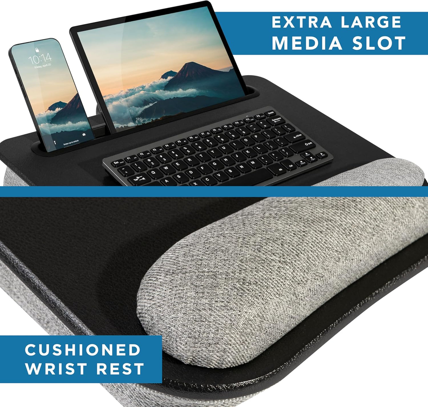 LAPGEAR Portable Laptop Lap Desk with Pillow Cushion, Anti-Slip Strip, Tablet or Phone Storage Slot, Pen and Pencil Pocket, and Wrist Rest - Espresso Woodgrain - Fits 15.6" Laptops - Style No. 91342