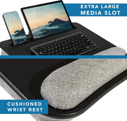 LAPGEAR Portable Laptop Lap Desk with Pillow Cushion, Anti-Slip Strip, Tablet or Phone Storage Slot, Pen and Pencil Pocket, and Wrist Rest - Espresso Woodgrain - Fits 15.6" Laptops - Style No. 91342