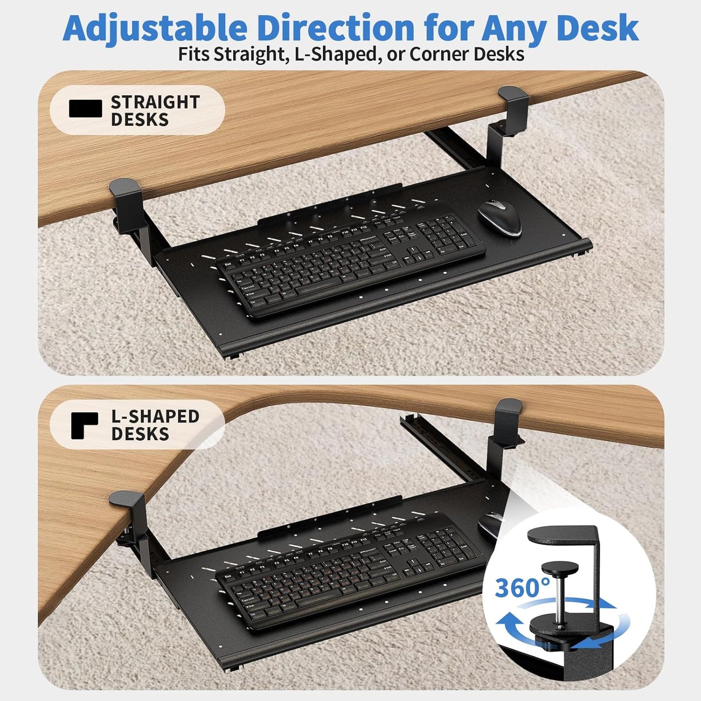 Keyboard Tray Under Desk - Full Metal Slide Out Holder, Rust-Resistant & Scratch-Proof, 26x13" Tray, Double C-Clamps for L Shape/Regular Desks, Standing/Sitting Workstation(Black-A)