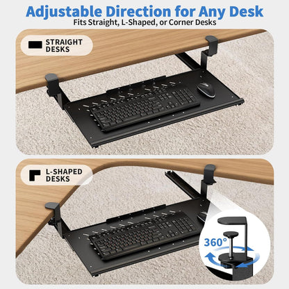 Keyboard Tray Under Desk - Full Metal Slide Out Holder, Rust-Resistant & Scratch-Proof, 26x13" Tray, Double C-Clamps for L Shape/Regular Desks, Standing/Sitting Workstation(Black-A)