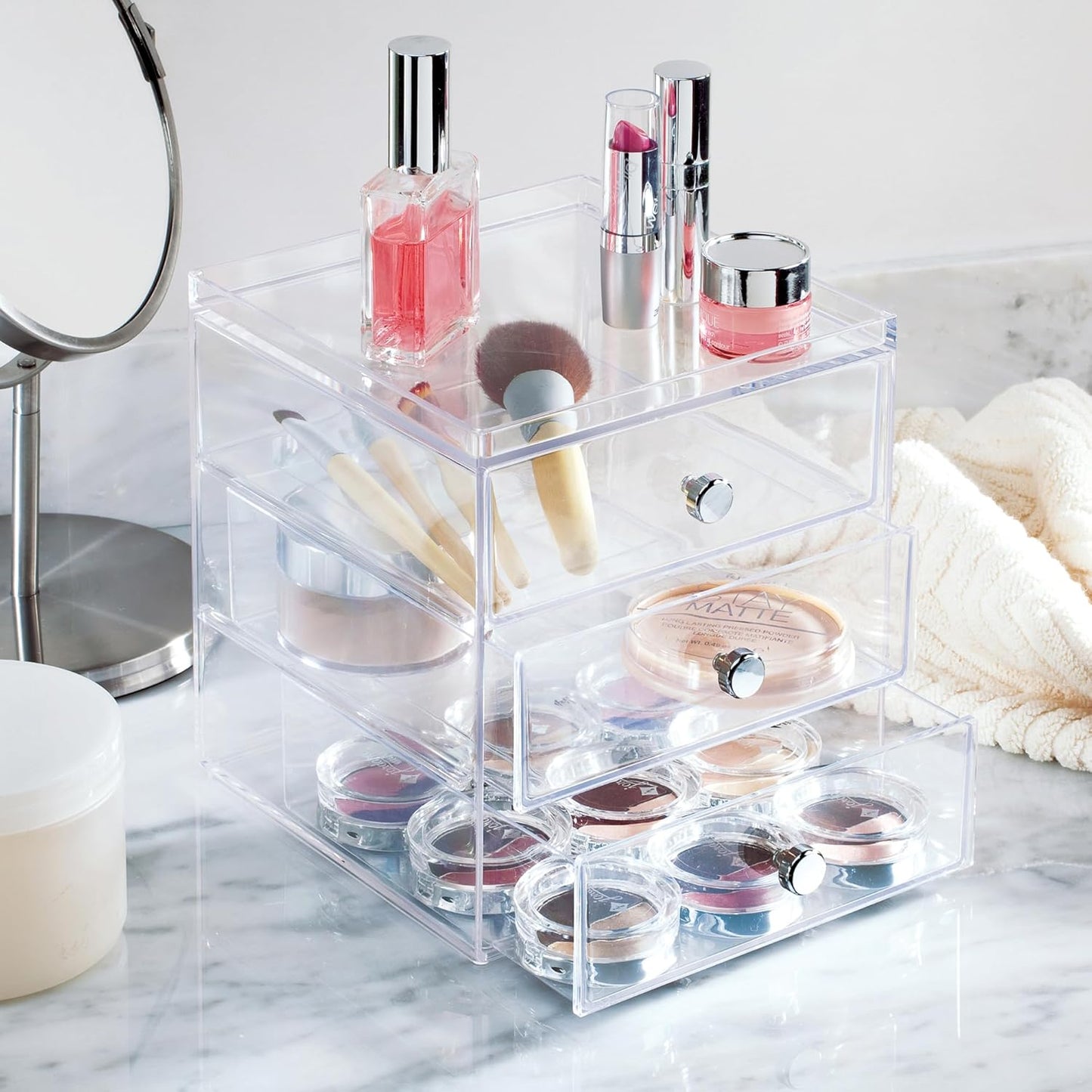 iDesign 3-Drawer Stackable Makeup Organizer - Small Clear Plastic Storage Drawers for Bathroom, Vanity, or Desk