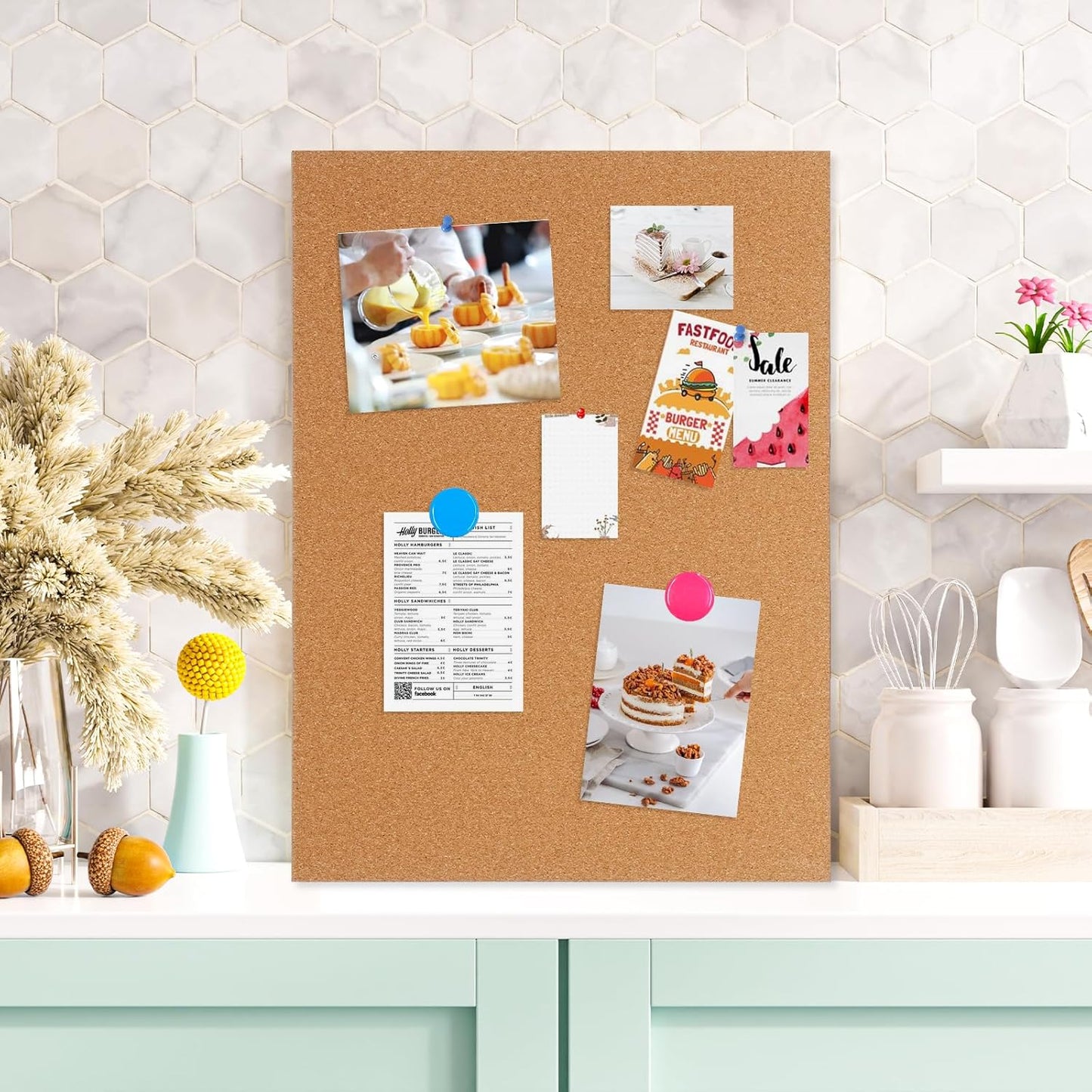 DOLLAR BOSS Bulletin Boards with Linen 1-Pack 16''X 12'' Double-Sided Cork Board for Walls Wood Framed Bulletin Boards, Small Pin Board for Home Kitchen Office Decorative Hanging 10 Pushpins