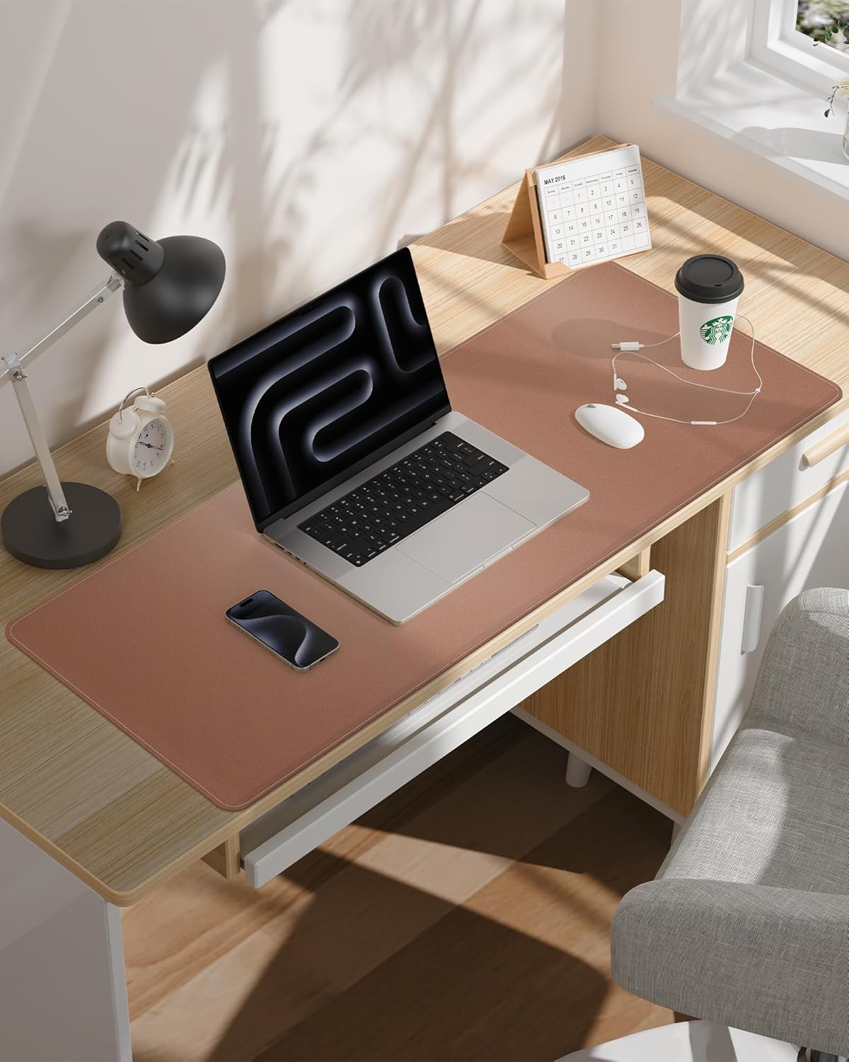 AFIING Desk Pad Protector 23.6" x 13.7" - Non-Slip Waterproof PU Leather Desk Mat for Mouse, Keyboard, Laptop, Office and Home Workspace (Beige)