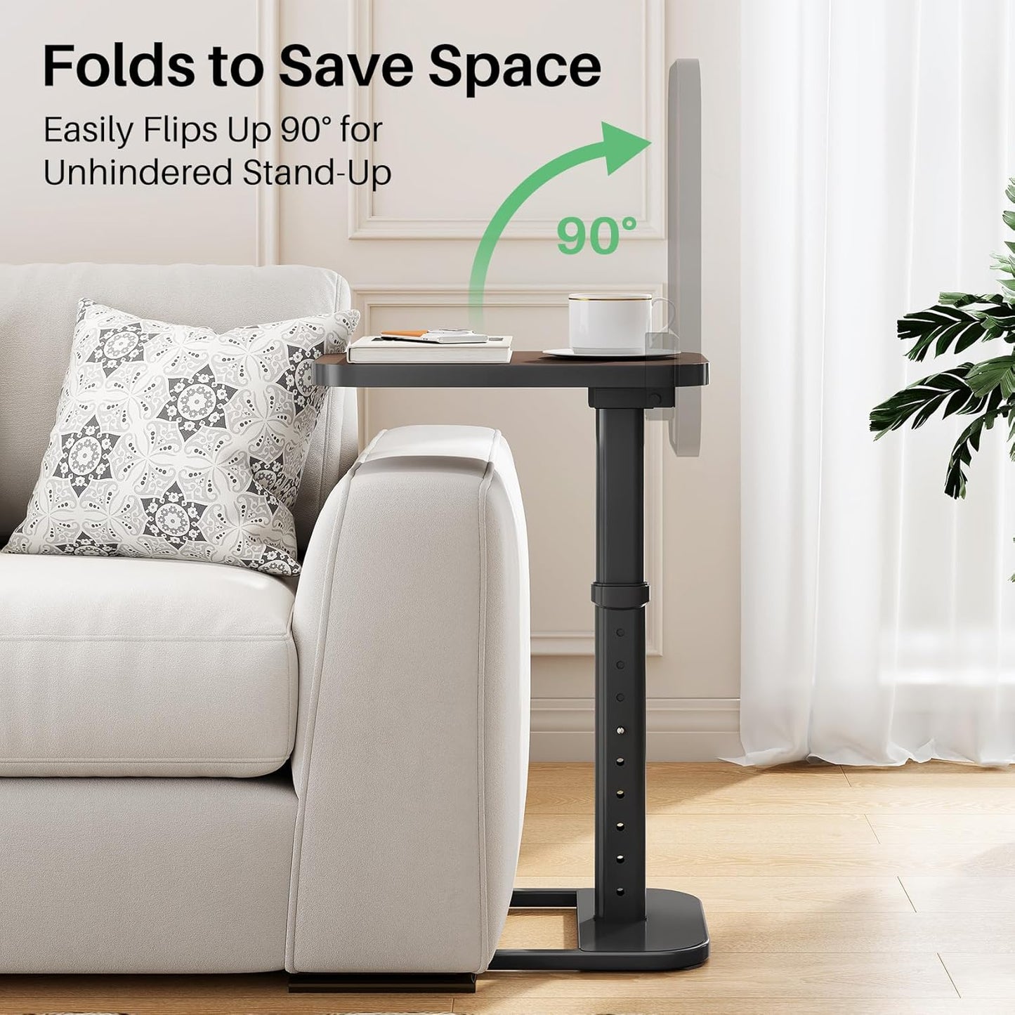 Kitstorack TV Tray Table, Adjustable Height & Flip-Top & Rounded Metal Corners, Snack Table for Couch, Sofa, Bed, Chair, Living Room, C Shaped End Side Table for Eating, Dinner or Laptop, Small Spaces