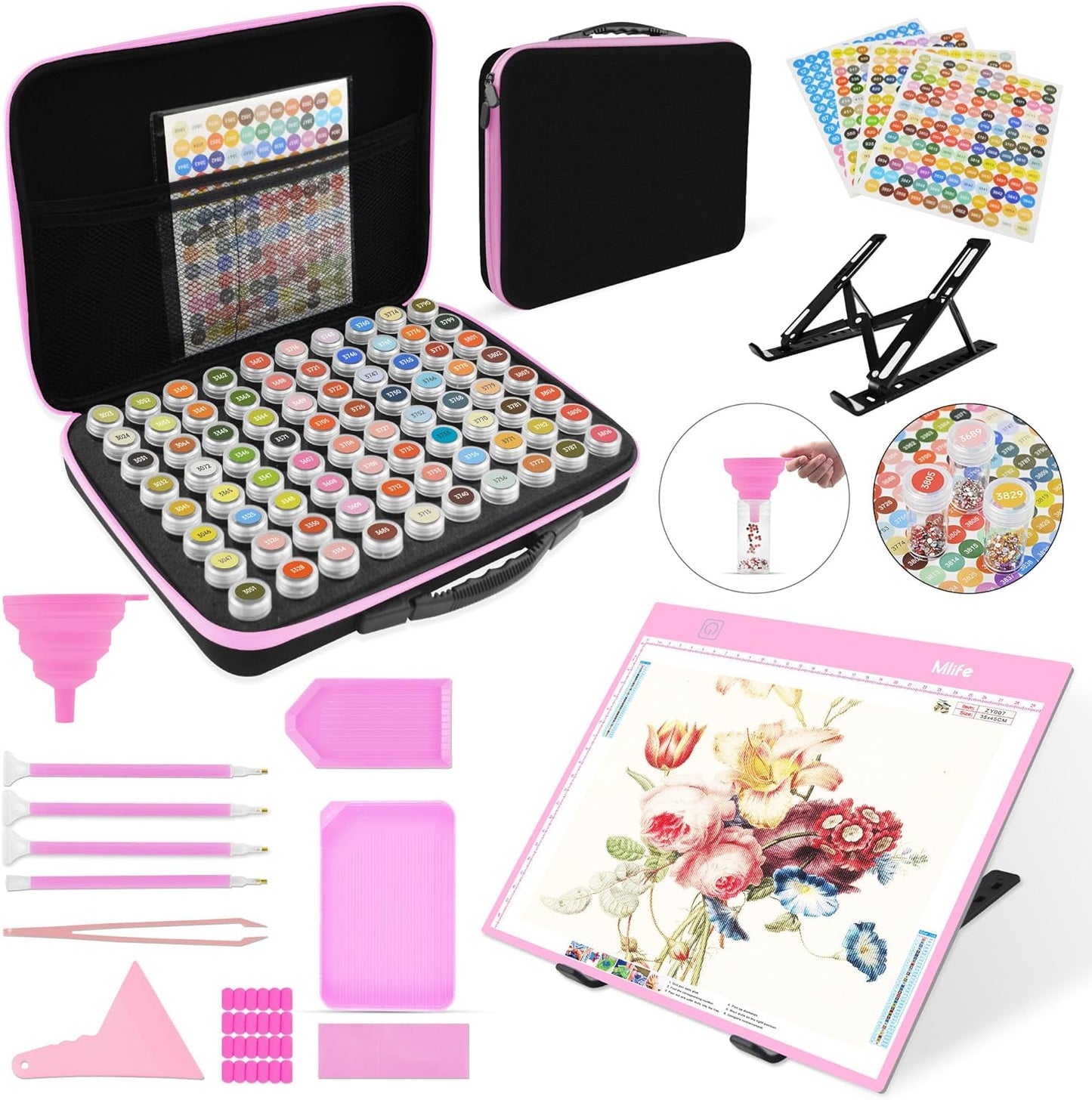 Mlife Diamond Painting Storage Boxes,1 Diamond Painting A4 Light Box Tracing Light Board with 3 Brightness, 80 Slots Bead Storage with 5D Diamond Art Accessories and Tools Kit（Purple）