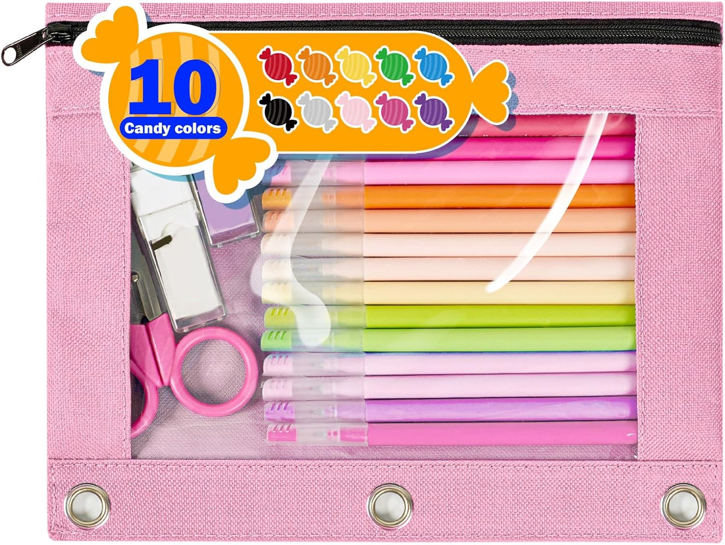Forvencer Pencil Pouch for 3 Ring Binder, Large Pencil Case Pouch with 3 Reinforced Grommets, Pen Bag, Clear Window Pencil Case, Binder Accessories, Black