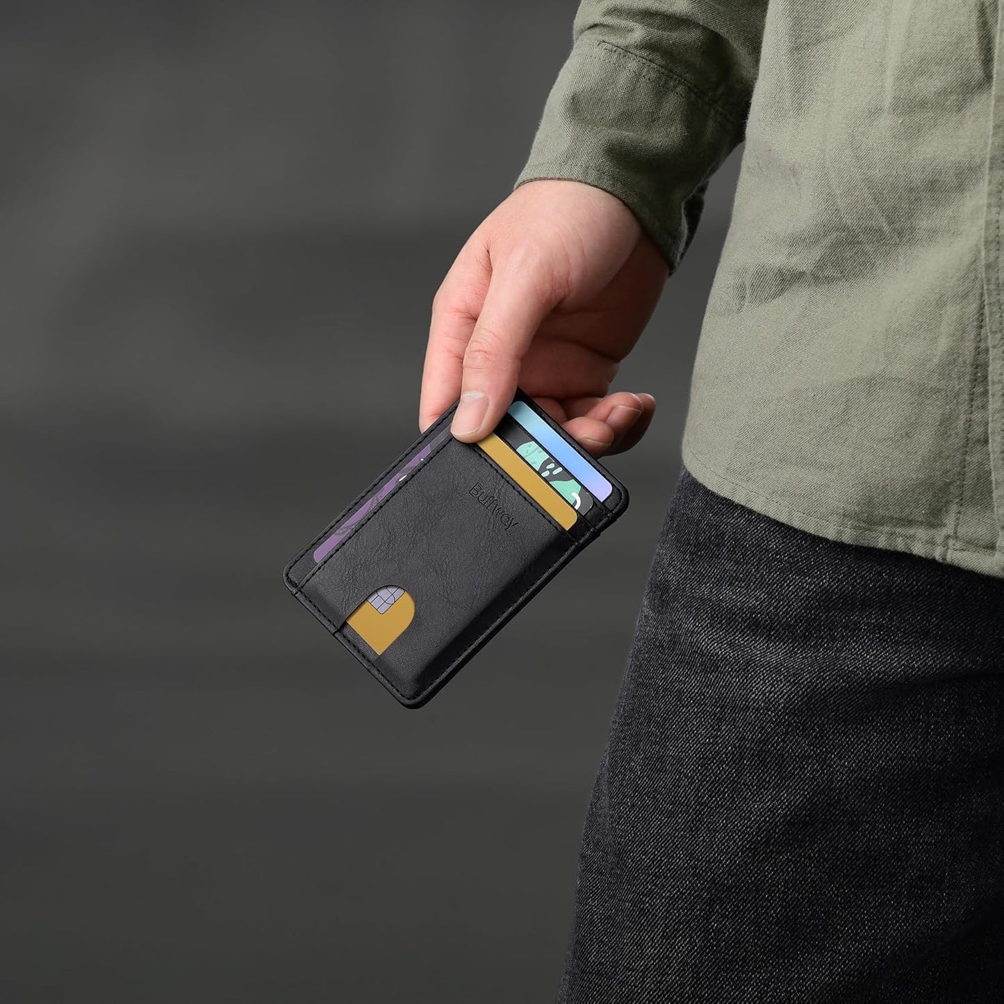 Buffway Slim Minimalist Front Pocket RFID Blocking Leather Wallets for Men and Women - Carbon Fiber Black - Colors A