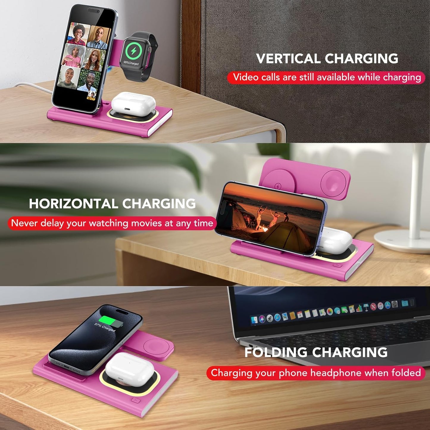 3 in 1 Foldable Charging Station for Apple Products,Wireless Charger for iPhone 17 16 15 14 13 12 Pro Max,Travel Dock Adapter&Light for iWatch Series 11 10 9 Ultra 3/2 SE 3/2,for AirPods 4 3 2 Pro 3/2