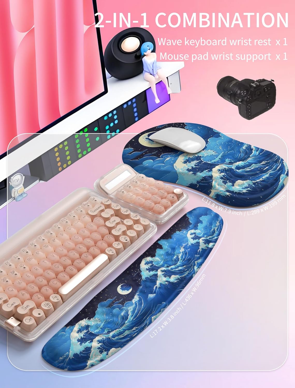 Hokafenle 2in1 Combination, Wave Keyboard Wrist Rest and Ergonomic Curvature Mouse Pad Wrist Support for Relieve Wrist Pain, Filled with Soft Cushion Memory Foam, Black