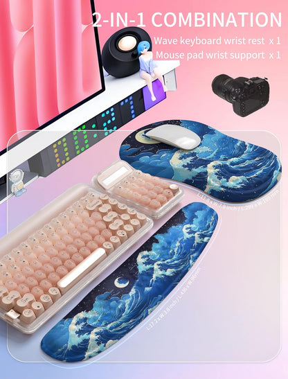 Hokafenle 2in1 Combination, Wave Keyboard Wrist Rest and Ergonomic Curvature Mouse Pad Wrist Support for Relieve Wrist Pain, Filled with Soft Cushion Memory Foam, Black
