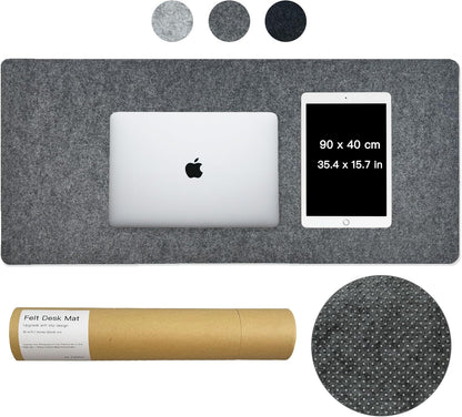 Large Felt Desk Mat, 35.4"x15.4" Felt Desk Pad - Non-Slip Keyboard Mat & Mouse Pad for Office and Gaming, Water Resistant Desktop Protector for Computer, Home, Work (Black Gray)