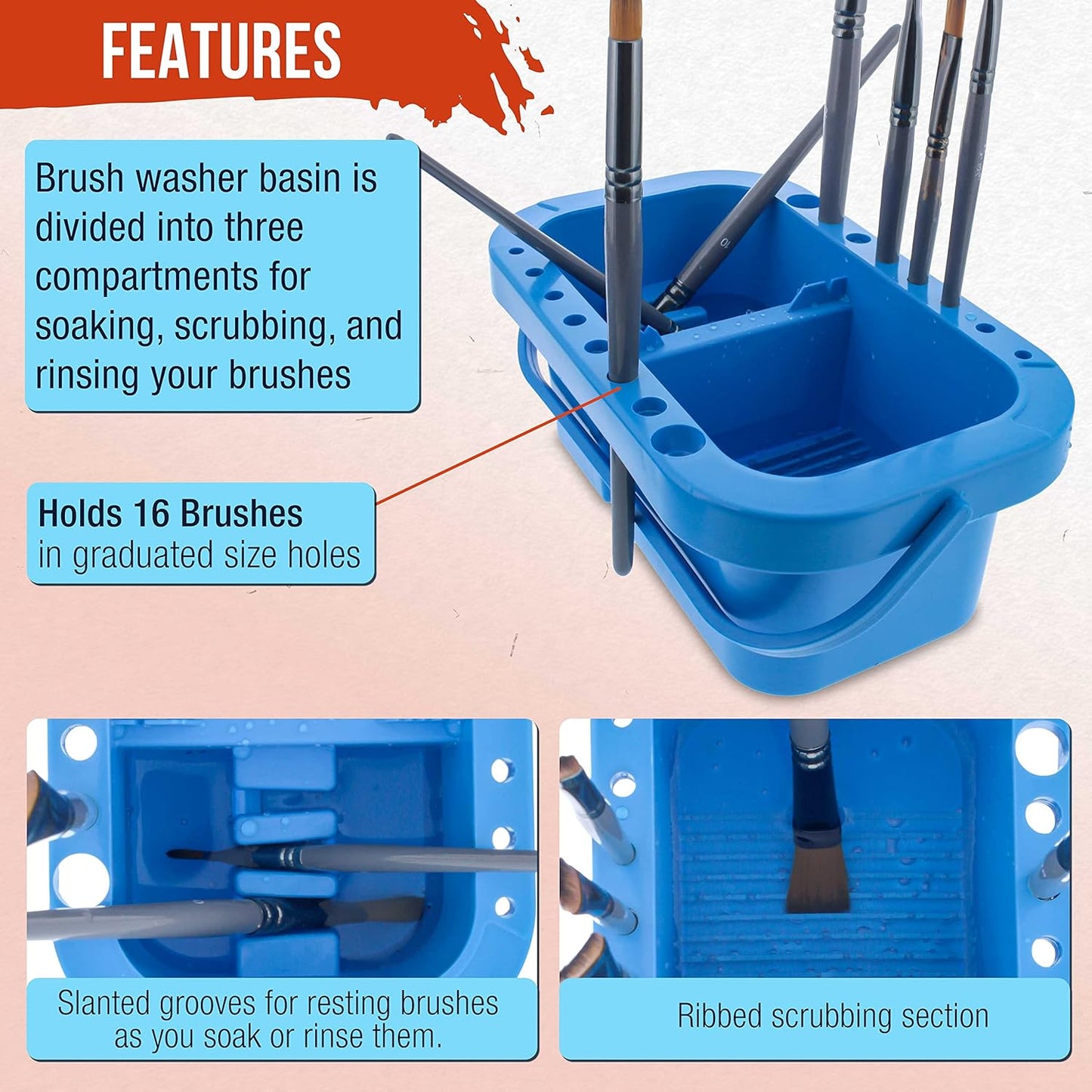 U.S. Art Supply 12-Hole Multi-Function Plastic Paint Brush Cleaner & Paint Brush Holder with Palette Lid, Washer for Acrylic, Watercolor, Oil Paints, Cleans Artist Brushes