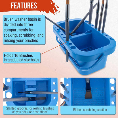 U.S. Art Supply 12-Hole Multi-Function Plastic Paint Brush Cleaner & Paint Brush Holder with Palette Lid, Washer for Acrylic, Watercolor, Oil Paints, Cleans Artist Brushes
