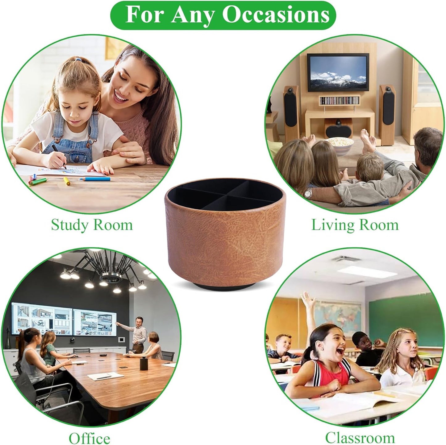 Round Leather Art Supply Organizer,Remote Control Holder,360 Degree Rotating,Multi-Functional Pencil Holder,4 Compartments Desktop Stationary Organizer(1-Fractal Flower) | Round - Colors A