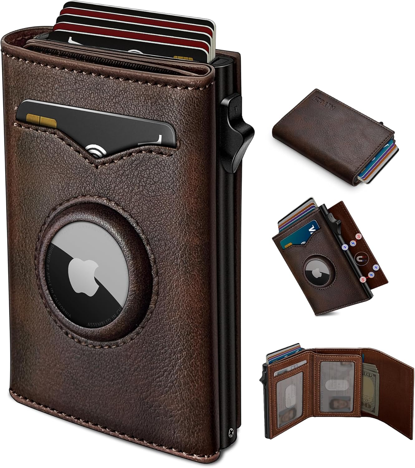 miyozi Airtag Wallet for Men,with Cash Pocket 2 ID Window 9-12 Cards,Metal Case Smart Slim Pop Up Credit Card Holder Flip with Magnetic Closure RFID Blocking Trifold wallet with Gift Box