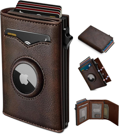 miyozi Airtag Wallet for Men,with Cash Pocket 2 ID Window 9-12 Cards,Metal Case Smart Slim Pop Up Credit Card Holder Flip with Magnetic Closure RFID Blocking Trifold wallet with Gift Box