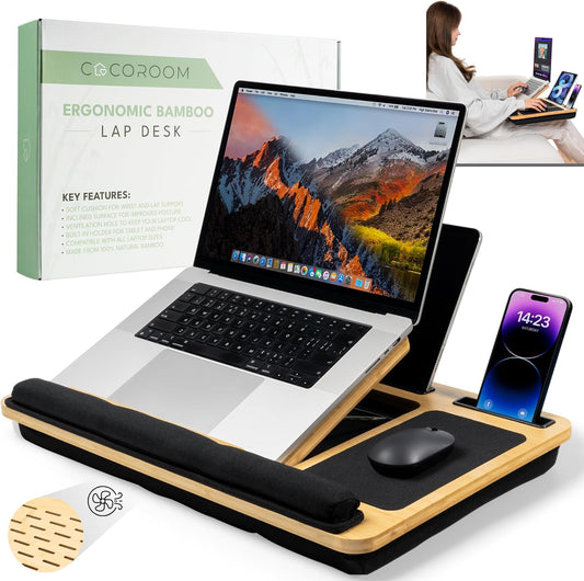Lap Desk for Laptop – Bed Desk Tray Table with Cushion, 5 Angles, Phone & Tablet Holder, Mouse Pad & Ventilation – Laptop Stand, Lap Table, Couch Desk for 15”-17” Laptops (Black)