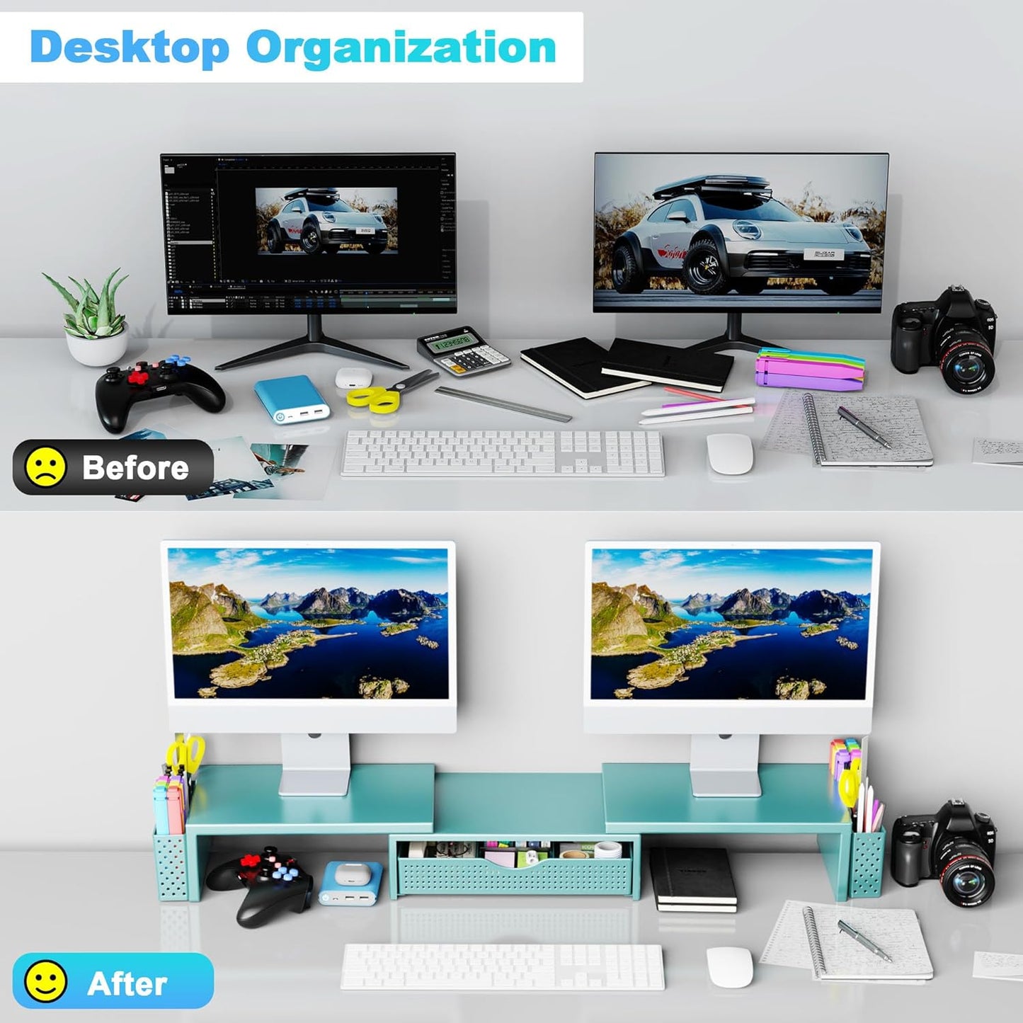 Spacrea Metal Desk Organizers and Accessories, Dual Monitor Stand Riser with Drawer and 2 Pen Holders, Desk Accessories & Workspace Desktop Organizers for Office Supplies (Wood)