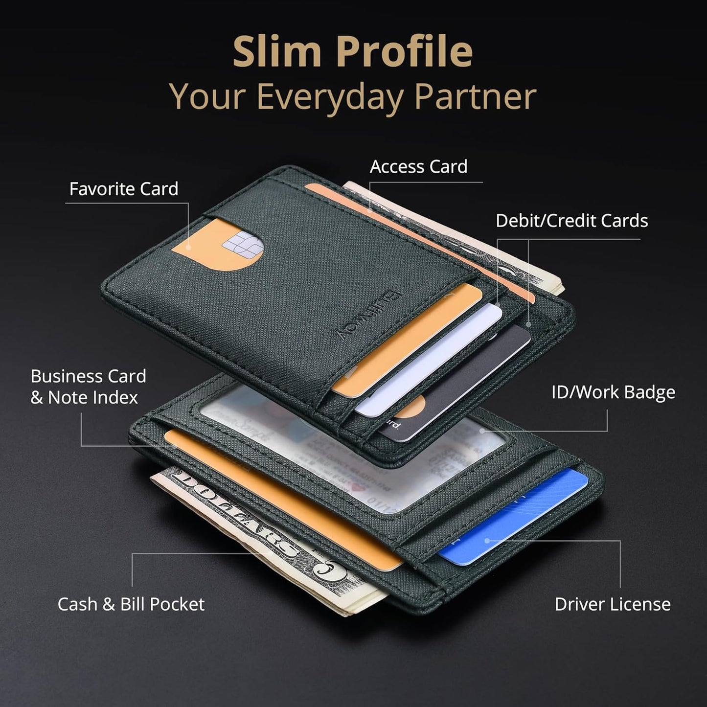 Buffway Slim Minimalist Front Pocket RFID Blocking Leather Wallets for Men and Women - Carbon Fiber Black - Colors A