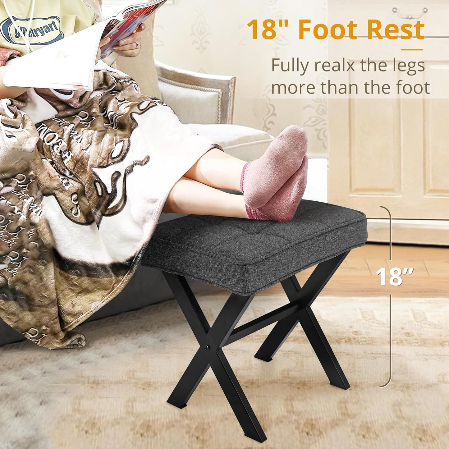LUE BONA Square Linen Makeup Stool, Metal X Legs, Small Ottoman Stool Chair for Vanity, Modern Padded Seat Foot Rest for Makeup Room, Bathroom