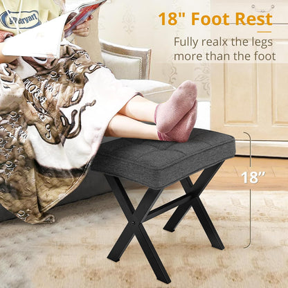 LUE BONA Square Linen Makeup Stool, Metal X Legs, Small Ottoman Stool Chair for Vanity, Modern Padded Seat Foot Rest for Makeup Room, Bathroom