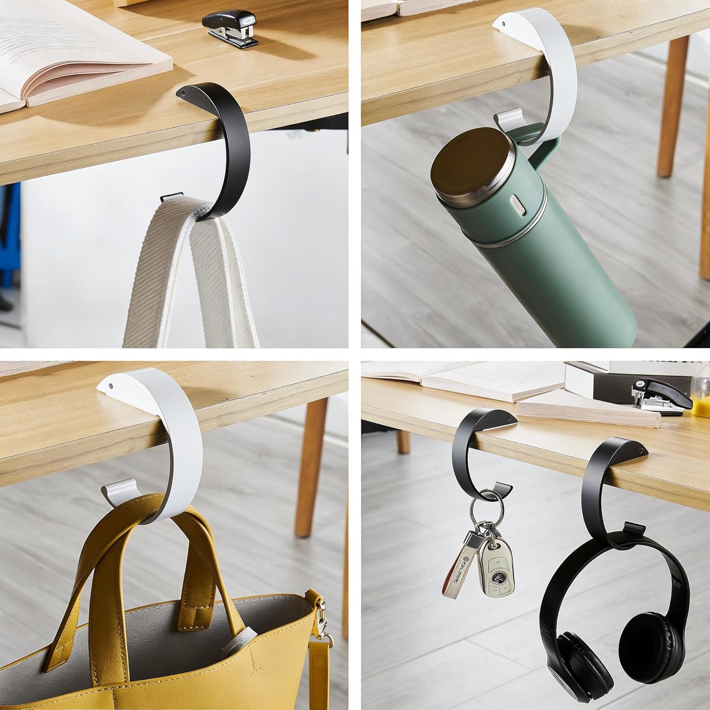 2-Pack Sleek Aluminum Alloy Bag Hook for Table Edge, Clipa Bag Hanger - Secure Purse Table Hook for Desk, Kitchen, Dorm (Black & White